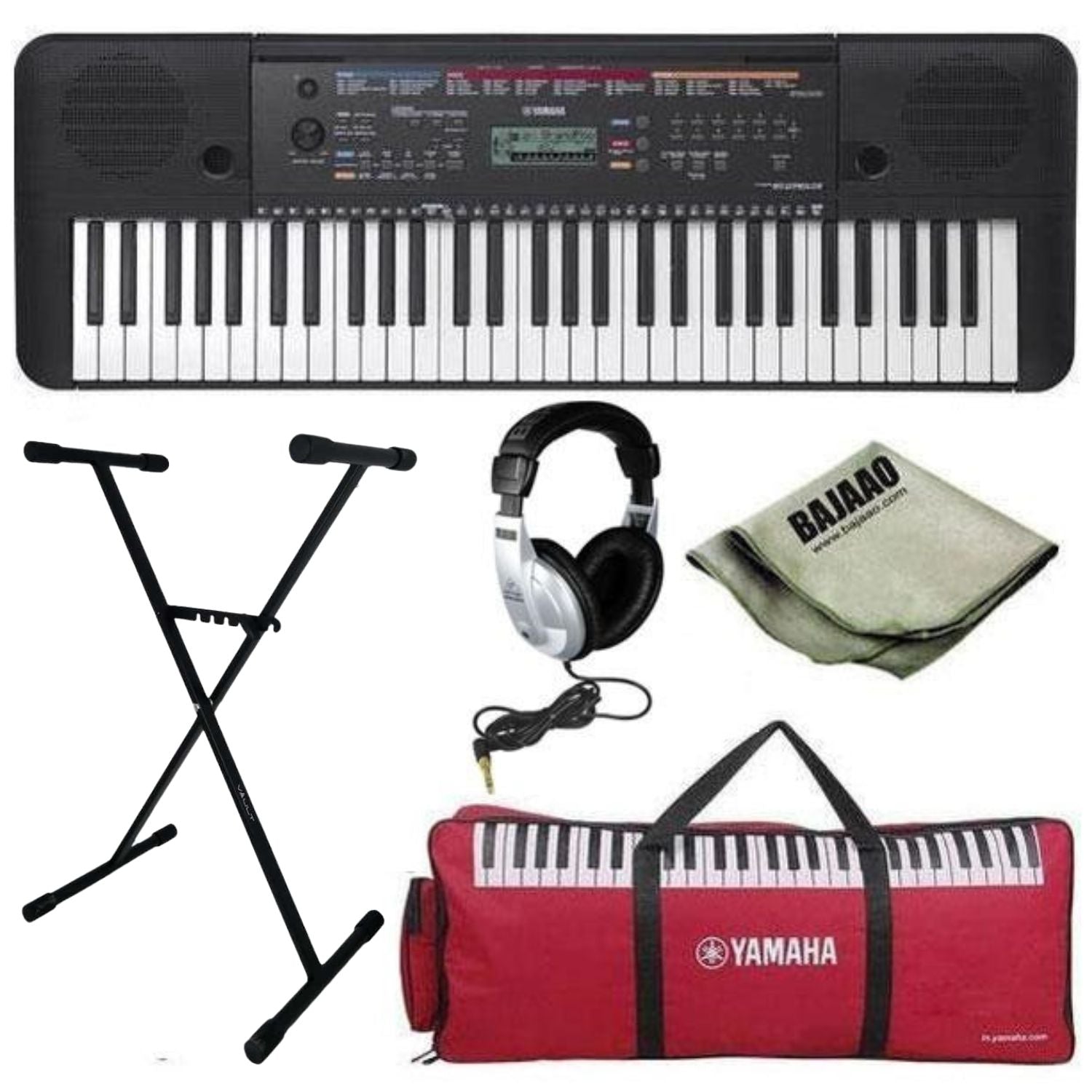 Yamaha Keyboard Bundles Bundle w Silver Headphone Yamaha PSR-E263 61-Key Portable Keyboard with Stand, Gig Bag, Polishing Cloth and Headphones
