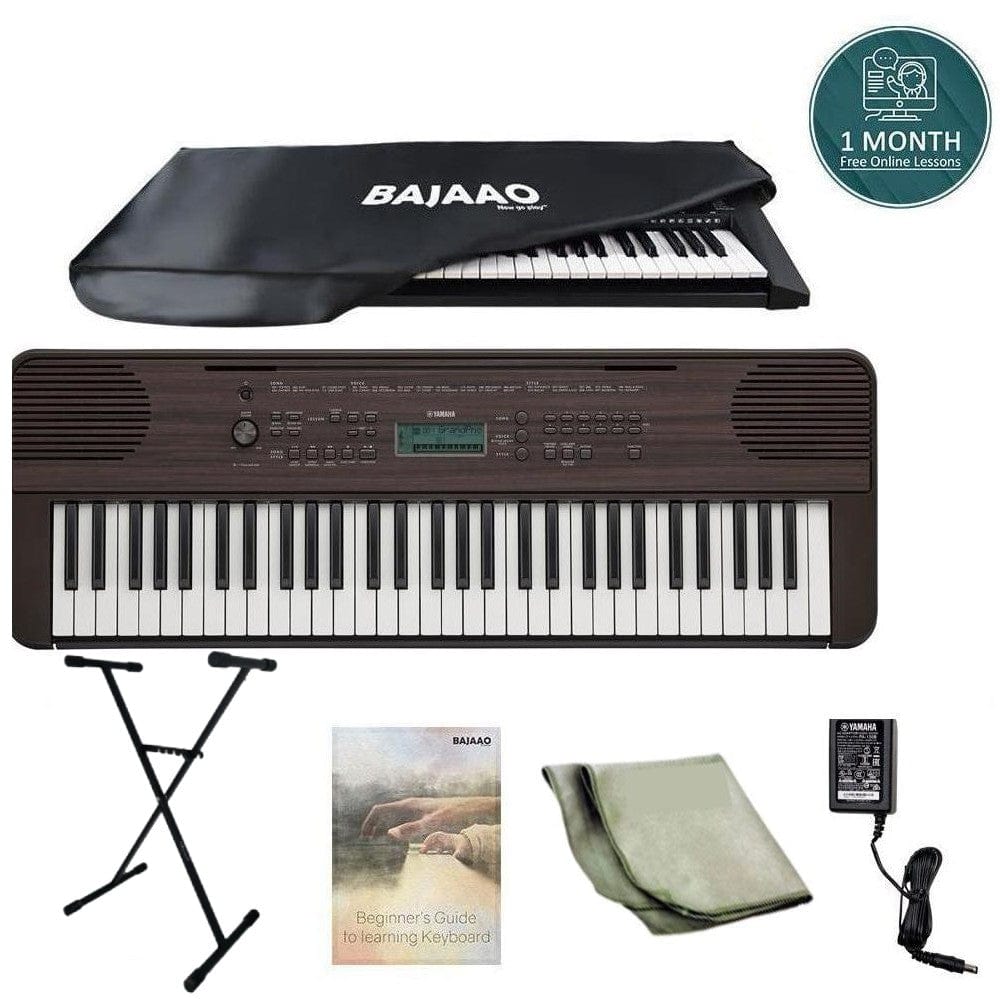 Yamaha Keyboard Bundles Dark Walnut Yamaha PSR E360 61 Key Expressive Touch Sensitive Portable Keyboard with Dust Cover, Stand, Polishing Cloth, Online Lessons & Ebook
