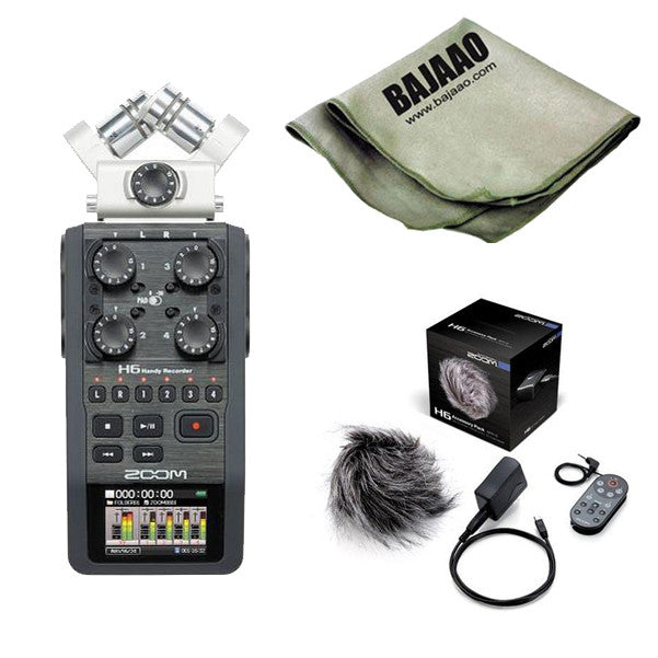 zoom portable field recorders zoom h6 handheld portable audio recorder w/ interchangeable microphone with zoom aph-6 accessory pack and polishing cloth