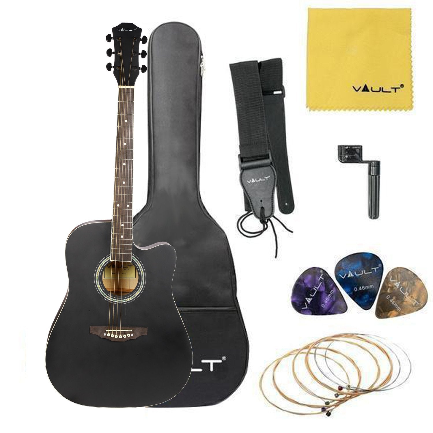 Vault Acoustic Guitars Black Vault ED-10C 41 inch Cutaway Acoustic Guitar with Bag, Strings, Straps, Picks, Stringwinder & Polishing Cloth #color_black