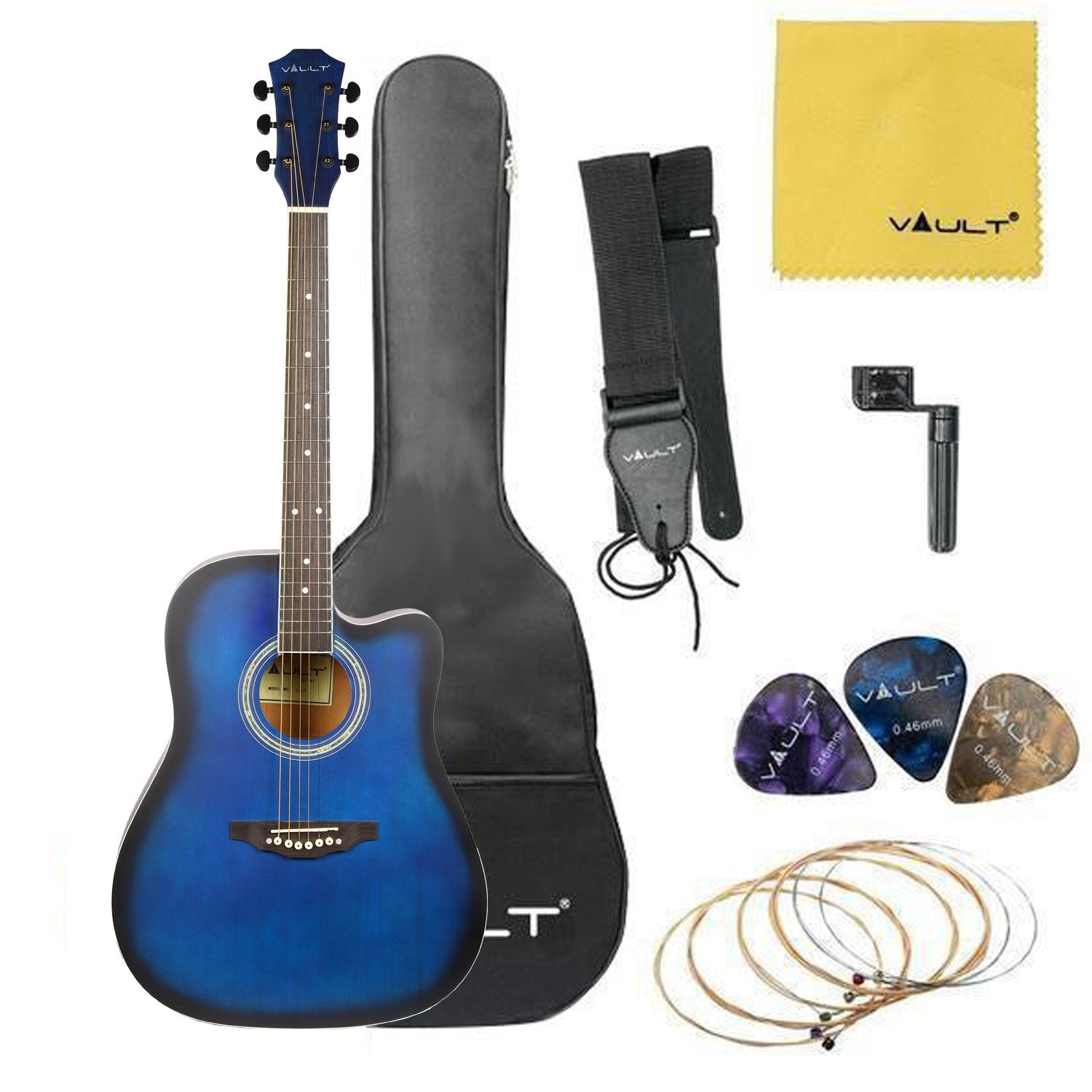Vault Acoustic Guitars Blue Vault ED-10C 41 inch Cutaway Acoustic Guitar with Bag, Strings, Straps, Picks, Stringwinder & Polishing Cloth #color_blue