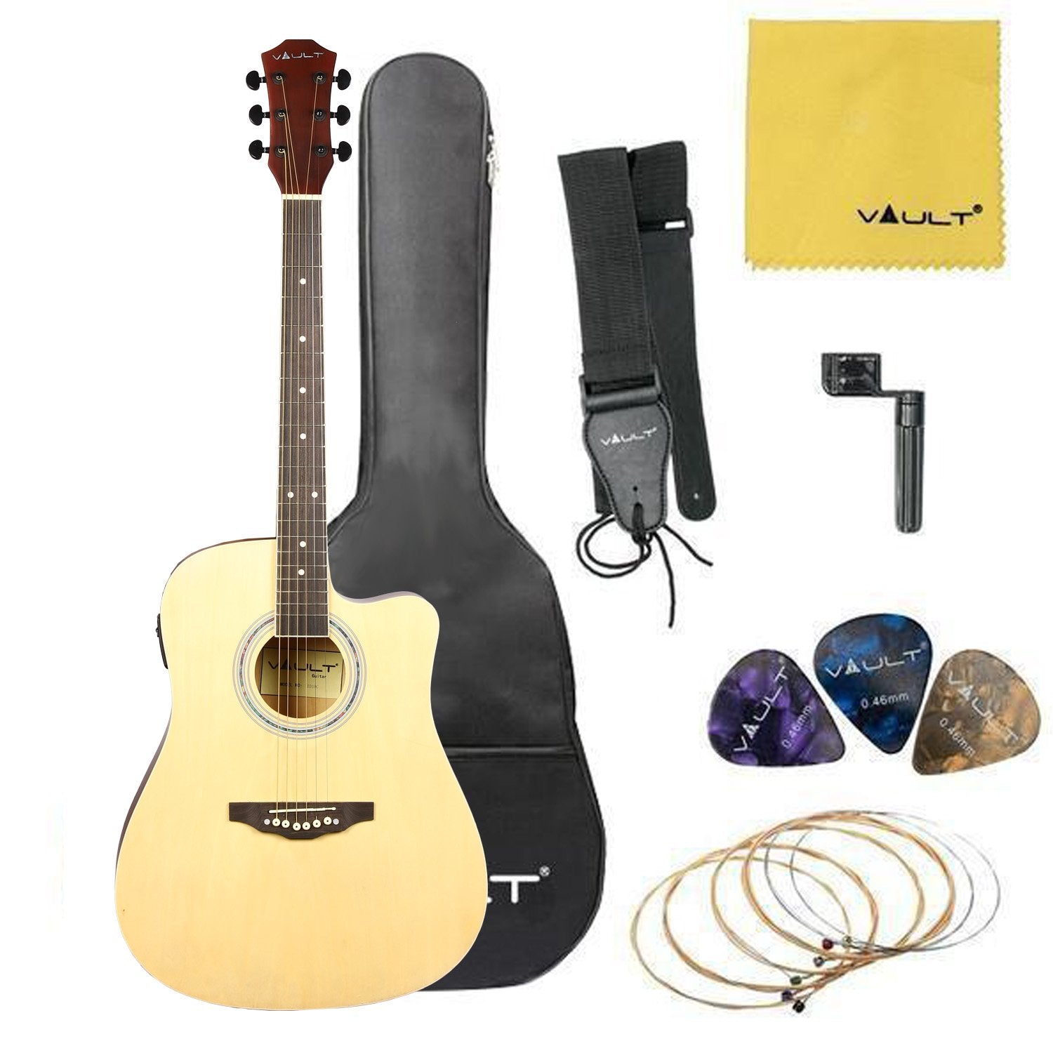 Vault Electro Acoustic Guitars Natural Vault ED-10CE 41 inch Cutaway Electro Acoustic Guitar with Bag, Strings, Straps, Picks, Stringwinder & Polishing Cloth
